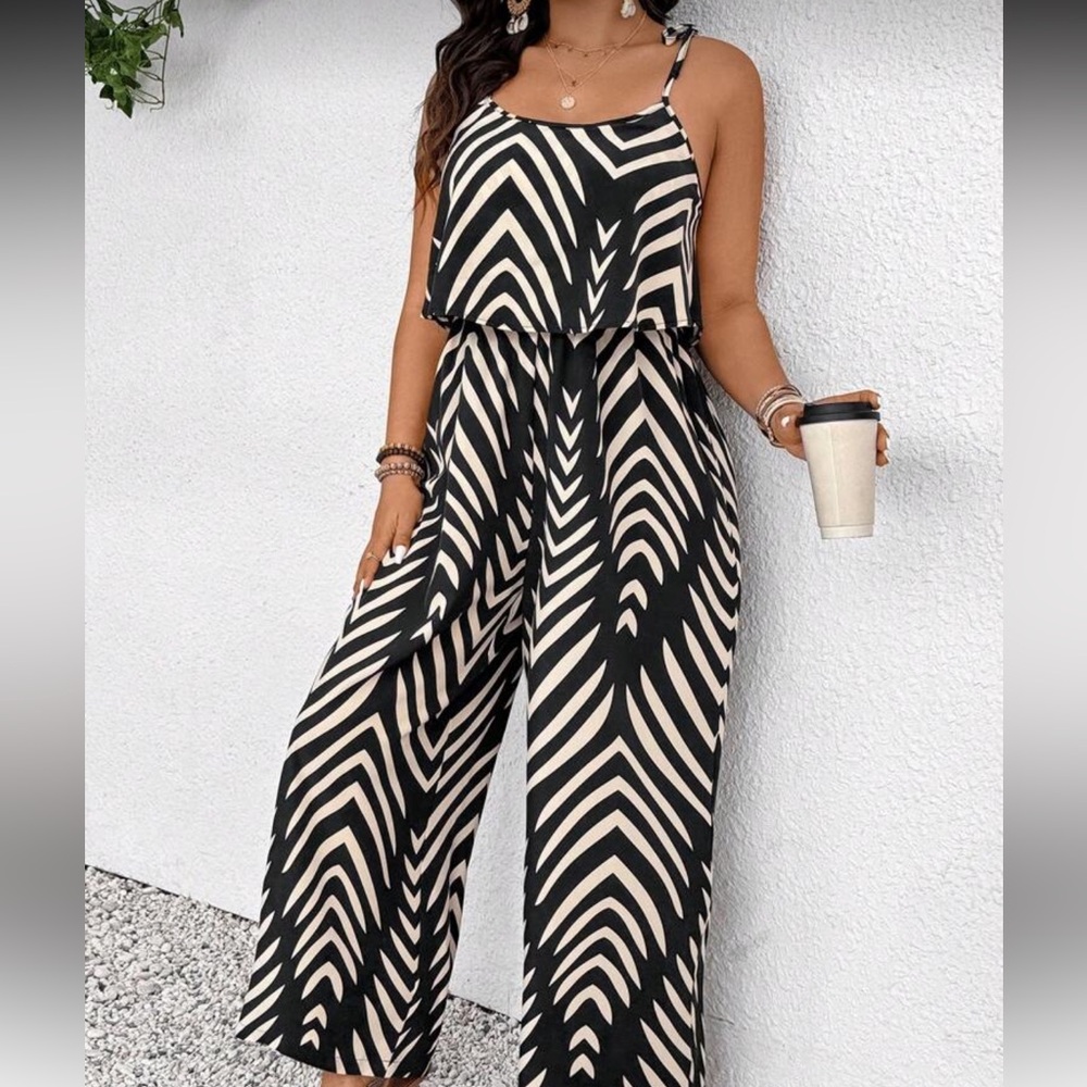 SHEIN Black and Cream Patterned Jumpsuit